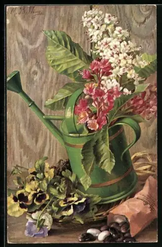 Künstler-AK M. Billing: Blumen stecken in einer Giesskanne