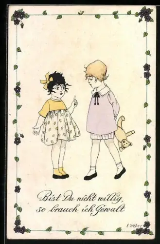 Künstler-AK E. Weber: Kinderpaar spielt mit einem Teddy
