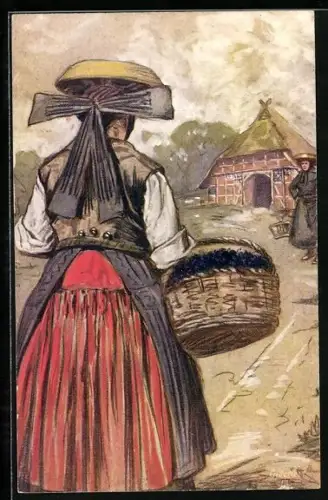AK Vierländerin in Trachten mit Blumenkorb auf dem Heimweg