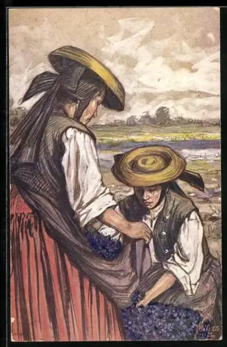 AK Vierländerinnen sammeln Blumen in der Schürze