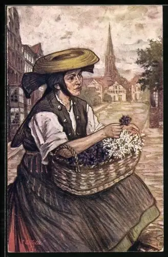 AK Vierländerin mit einem Blumenkorb