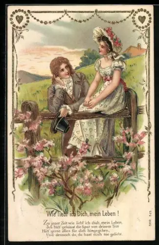 AK Liebespaar an einem Zaun auf einer Wiese