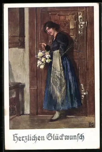 Künstler-AK Karl Friedrich Gsur: Herzlichen Glückwunsch, Mädchen mit Blumen