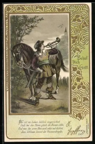 Lithographie Behüt Dich Gott!, Trompeter von Säckingen mit Pferd am Ufer