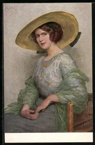 AK Frau mit grossem Sonnenhut auf einem Gartenmöbel sitzend