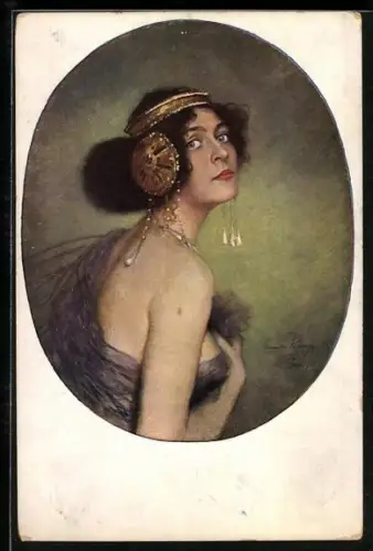 Künstler-AK sign. C. v. Pausinger: Salome in violettem Kleid mit goldenem Kopfputz