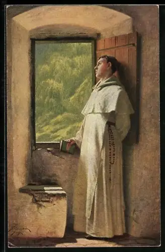 Künstler-AK Junger Mönch schaut aus dem Fenster
