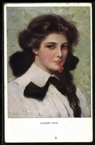 Künstler-AK Clarence F. Underwood: Cherry Ripe, junge Frau mit Kirschen im Mund