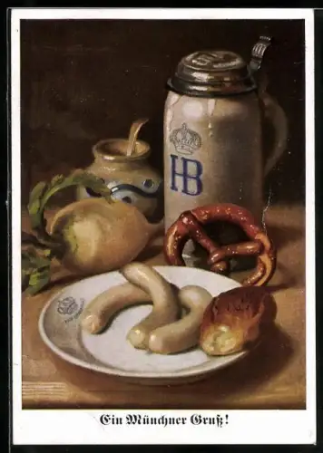 Künstler-AK Münchner Frühstück, Bier, Weisswurscht, Brezn und Radi