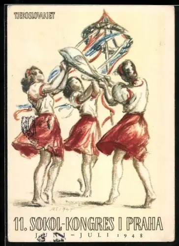 Künstler-AK Prag, Sokol 1948, Tanzende Frauen um einen Maibaum