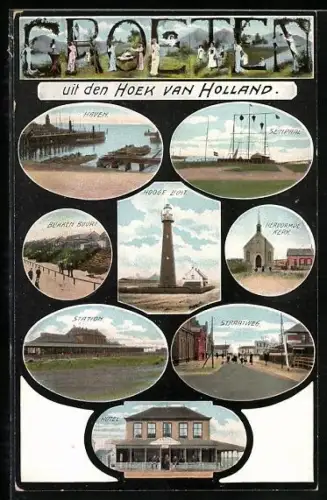 AK Hoek van Holland, Hotel, Haven, Station, Hervormde Kerk, Hooge Licht, Straatweg