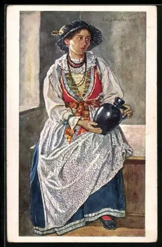Künstler-AK Fassatal, Italienerin in Tracht mit Krug