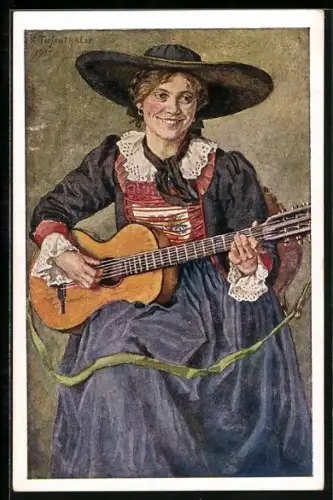 AK Junge Dame mit Hut spielt auf ihrer Gitarre