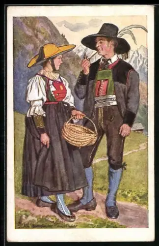 Künstler-AK Pfitsch am Brenner, Paar in Tiroler Trachten