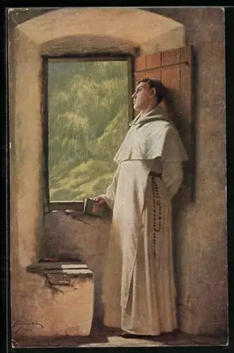 Künstler-AK Junger Mönch schaut aus dem Fenster
