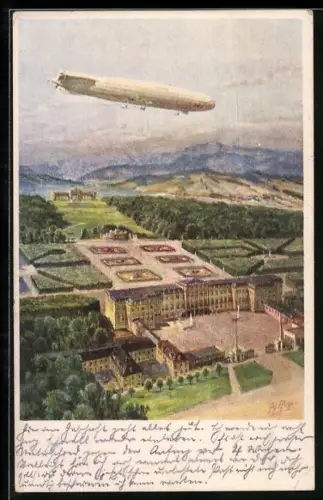 Künstler-AK Zeppelin Schütte-Lanz über Schloss Schönbrunn