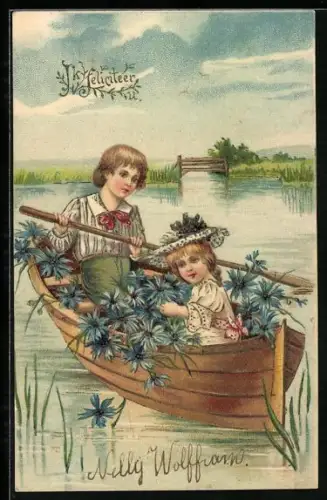 AK Kinderpaar mit Blumen in einem Boot, Glückwunsch zum Geburtstag