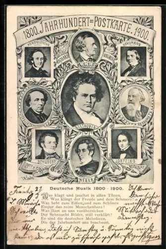 AK Jahrhundert-Postkarte, Deutsche Musik 1800-1900, Beethoven, Schubert, Brahms, Porträts, Reim