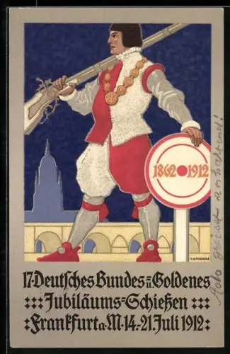 Künstler-AK H. Landgrebe: Frankfurt a. M., 17. Deutsches Bundes- u. Goldenes Jubiläumsschiessen 1912, Schütze mit Gewehr
