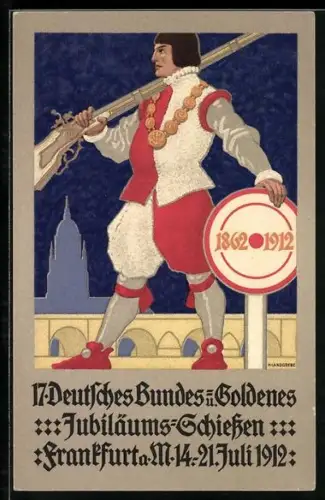 Künstler-AK H. Landgrebe: Frankfurt a. M., 17. Deutsches Bundes- u. Goldenes Jubiläumsschiessen 1912, Schütze mit Gewehr