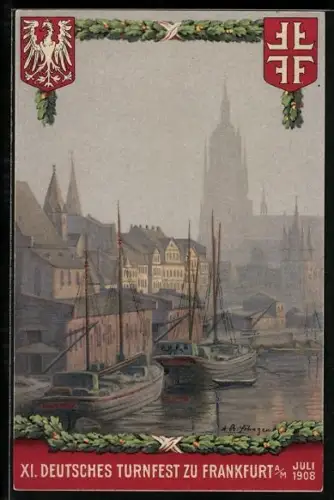 Künstler-AK Frankfurt, XI. Deutsches Turnfest Juli 1908 Wert 5 RPf