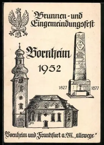 AK Bornheim, Brunnen- und Eingemeindungsfest 1952, Kirche, Denkmal 1827-1877