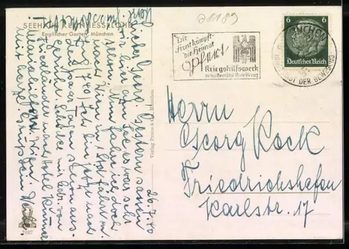 AK München-Schwabing, Gasthof Seehaus Kleinhesselohe, Englischer Garten