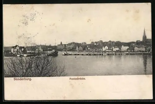 AK Sonderburg, Pontonbrücke, Im Hintergrund Kirche