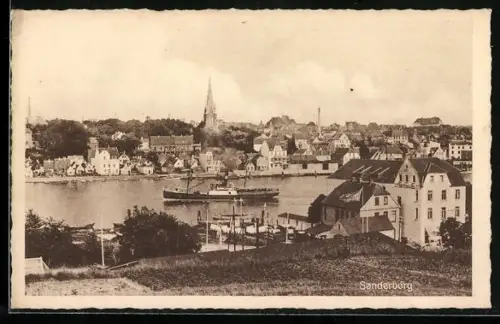 AK Sonderborg, Panorama mit Dampfer