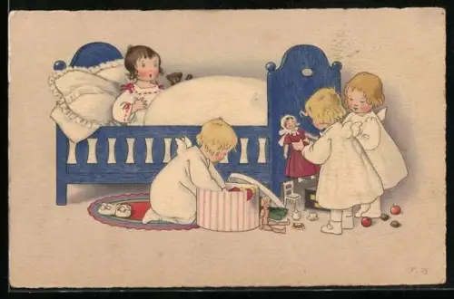 AK Bonne Année, Neujahrsengel spielen am Bett des Mädchens mit den Puppen