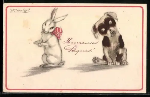 Künstler-AK Mauzan: Osterhase und Hund