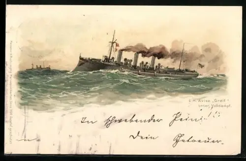 Künstler-AK Hans Bohrdt: S. M. Aviso Greif unter Volldampf