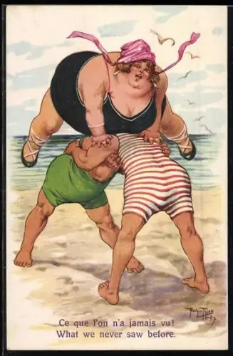 Künstler-AK Arthur Thiele: Das hat die Welt noch nicht geseh`n!, Dicke Frau im Badeanzug macht einen Bocksprung