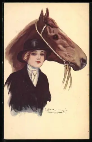 Künstler-AK Reiterin mit Hut mit braunem Pferd