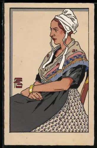 Künstler-AK G. Geo-Fourrier: Arle-Avignoun, Jeune Femme d`Avignoun, Profil einer Frau in bäuerlicher Tracht