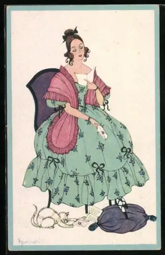 Künstler-AK sign. Sparkuhl: Schöne Frau liest einen Brief, Jugendstil