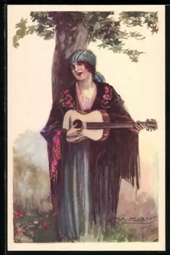 Künstler-AK Mauzan: Frau mit Gitarre