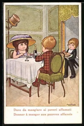 Künstler-AK A. Bertiglia: Kleiner Kellner serviert Huhn