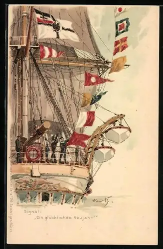 Künstler-AK Hans Bohrdt: Kriegsschiff, Reichskriegsflagge, Signal: Glückliches Neujahr