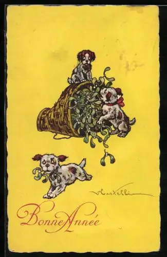 Künstler-AK Castelli: Kleine Hunde spielen mit Mistelzweigen