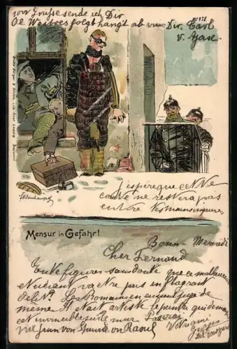 Künstler-AK Erich Kleinhempel: Mensur in Gefahr! studentische Szene