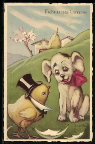 Künstler-AK Carlo Chiostri: Hund und Osterküken