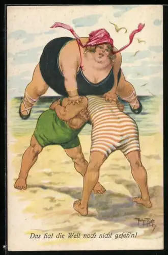 Künstler-AK Arthur Thiele: Das hat die Welt noch nicht geseh`n!, Dicke Frau im Badeanzug macht einen Bocksprung