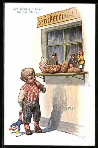 Künstler-AK Carl Moos: Ich kenn` ein Herz..., Bub und Lebkuchen