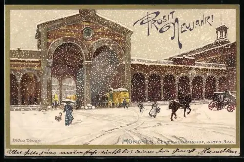 Künstler-AK Zeno Diemer: München, Zentralbahnhof, alter Bau im Winter, Neujahr, Postkutsche