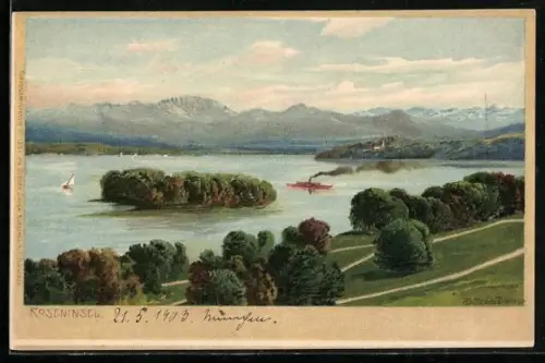 Künstler-AK Zeno Diemer: Roseninsel, Blick vom Ufer auf Insel mit rotem Dampfer und Gebirgspanorama