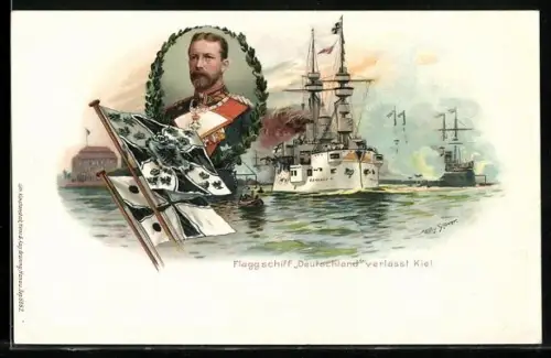 Küsntler-AK Willy Stöwer: Kiel, Flaggschiff Deutschland verlässt den Hafen, Prinz Heinrich von Preussen, Flaggen