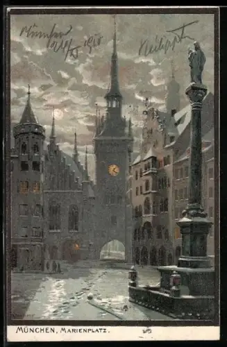 Künstler-AK Zeno Diemer: München, Abdends auf dem Marienplatz