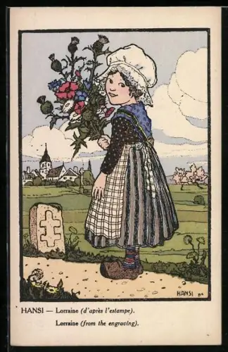 Künstler-AK Hansi: Lorraine, d`Apres l`estampe, Mädchen in Tracht mit Blumen