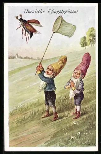 Künstler-AK C.Öhler: Zwerge versuchen einen Maikäfer mit einem Kescher zu fangen, Pfinsgten